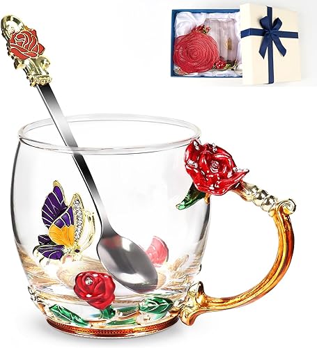 Vista 75 de Taza de té de flores, taza de café de cristal transparente con cuchara, caja de regalo para su madre, esposa, abuela, niñas, amigos, San Valentín