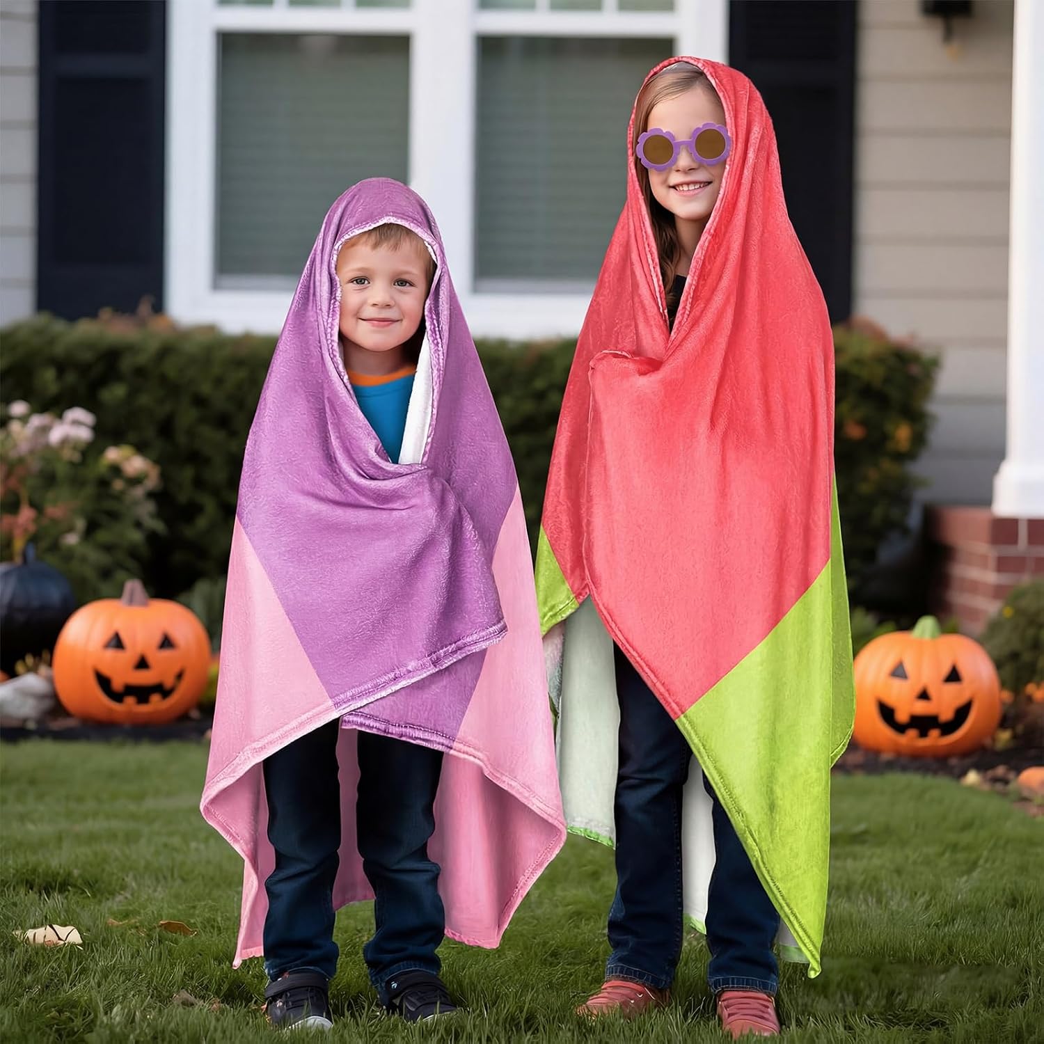 3 Pcs Halloween Blue and Orange Dog Granny Costume Accessories Set Round Flower Cute Glasses Two-sided Orange Green and Pink Purple Blanket for Kids Children Cartoon Theme Party Cosplay Dress up