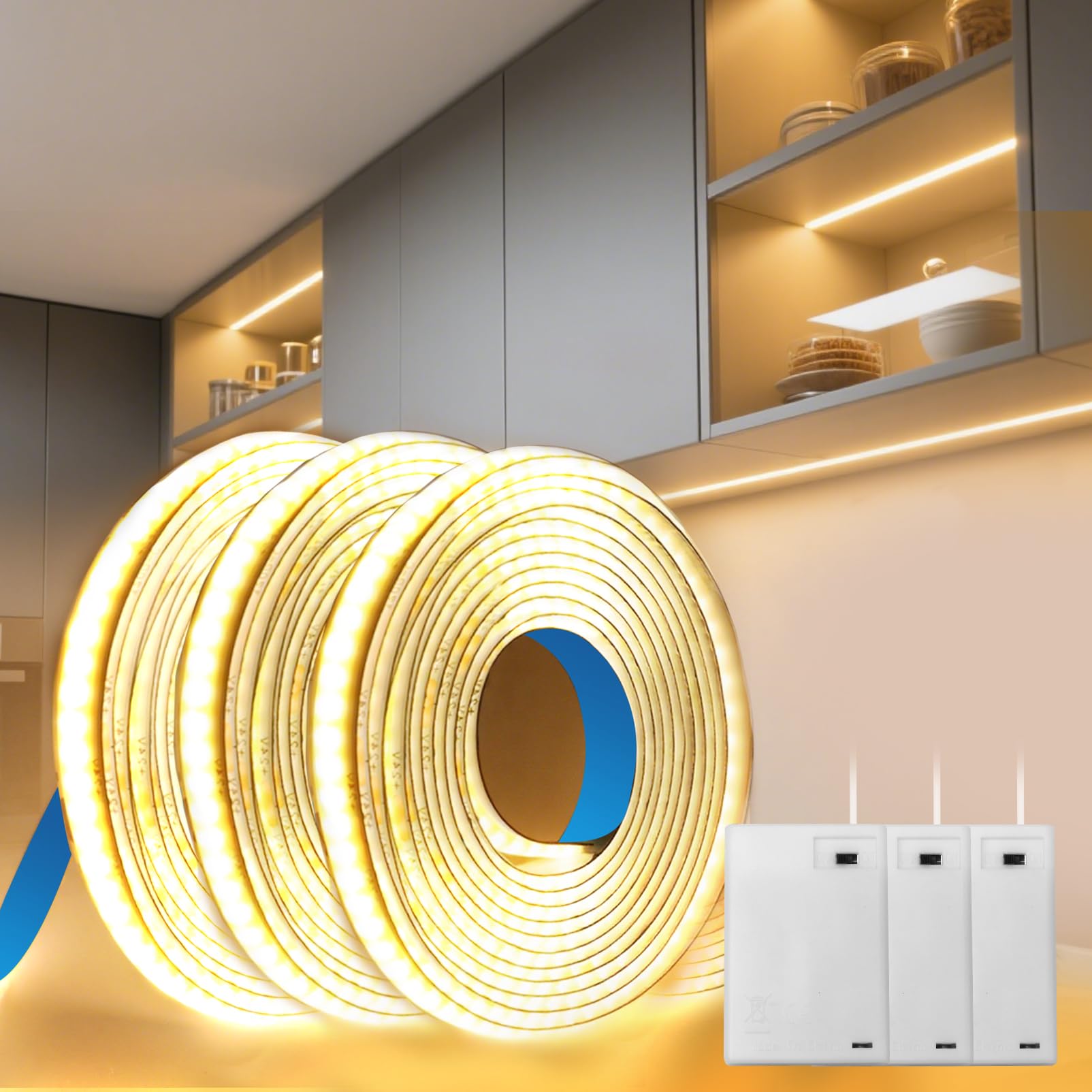 BRIMETI LED Streifen Batterie 3x1M LED Strip COB Warmweiss 3000K Batteriebetrieben 320LEDs/M 5V Selbstklebend Flexibel Lichtband DIY für Zuhause Beleuchtung Küche Schlafzimmer Schränke Treppen