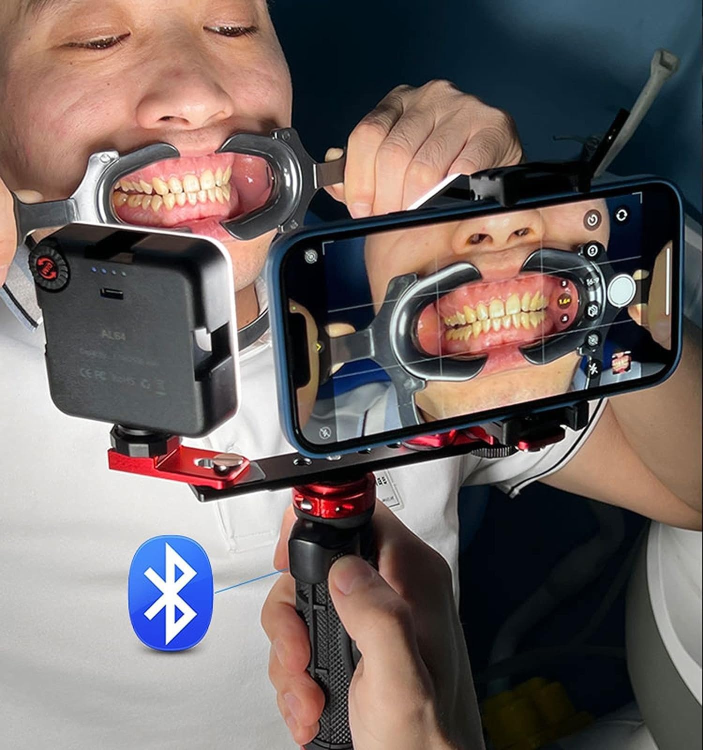 Kit de fotografía dental para teléfono móvil con dos asas Bluetooth de luz para fotos macro en clínicas, cuidado bucal, arte de uñas, tatuajes y más
