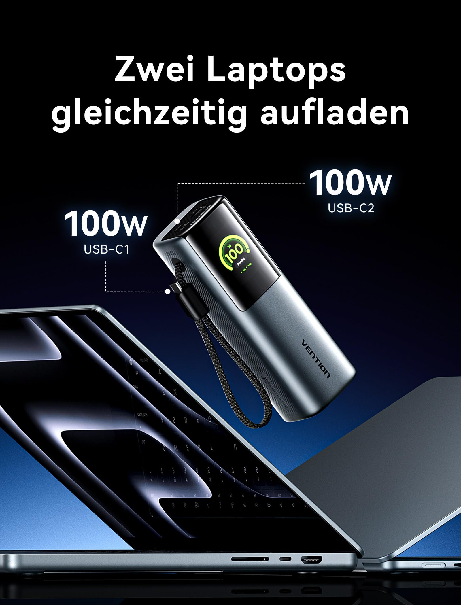 VENTION Power Bank 27000mAh 200W, batería externa carga rápida Con pantalla digital y Emoji, Cable USB-C integrado, 2× USB-C + USB-A, para MacBook Pro, iPad, Dell/HP, iPhone 17/16/15, Galaxy