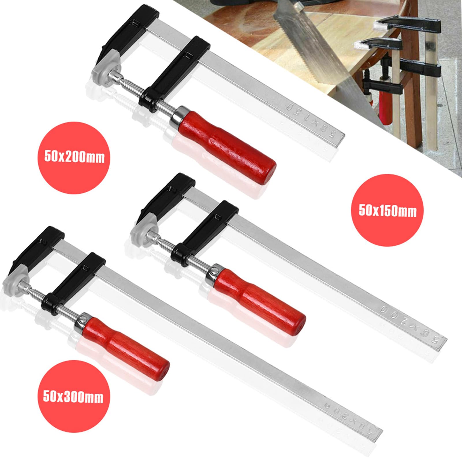 Schraubzwingen, Profi Schraub-Zwinge Set mit 10-Komponentengriff 50x200 / 50x300, Spann-Weite 150 mm, Spanntiefe 50 mm, Spannbacken aus Temperguss-Stahl, Schraubzwenge mit Hohlprofilschiene (50x300)