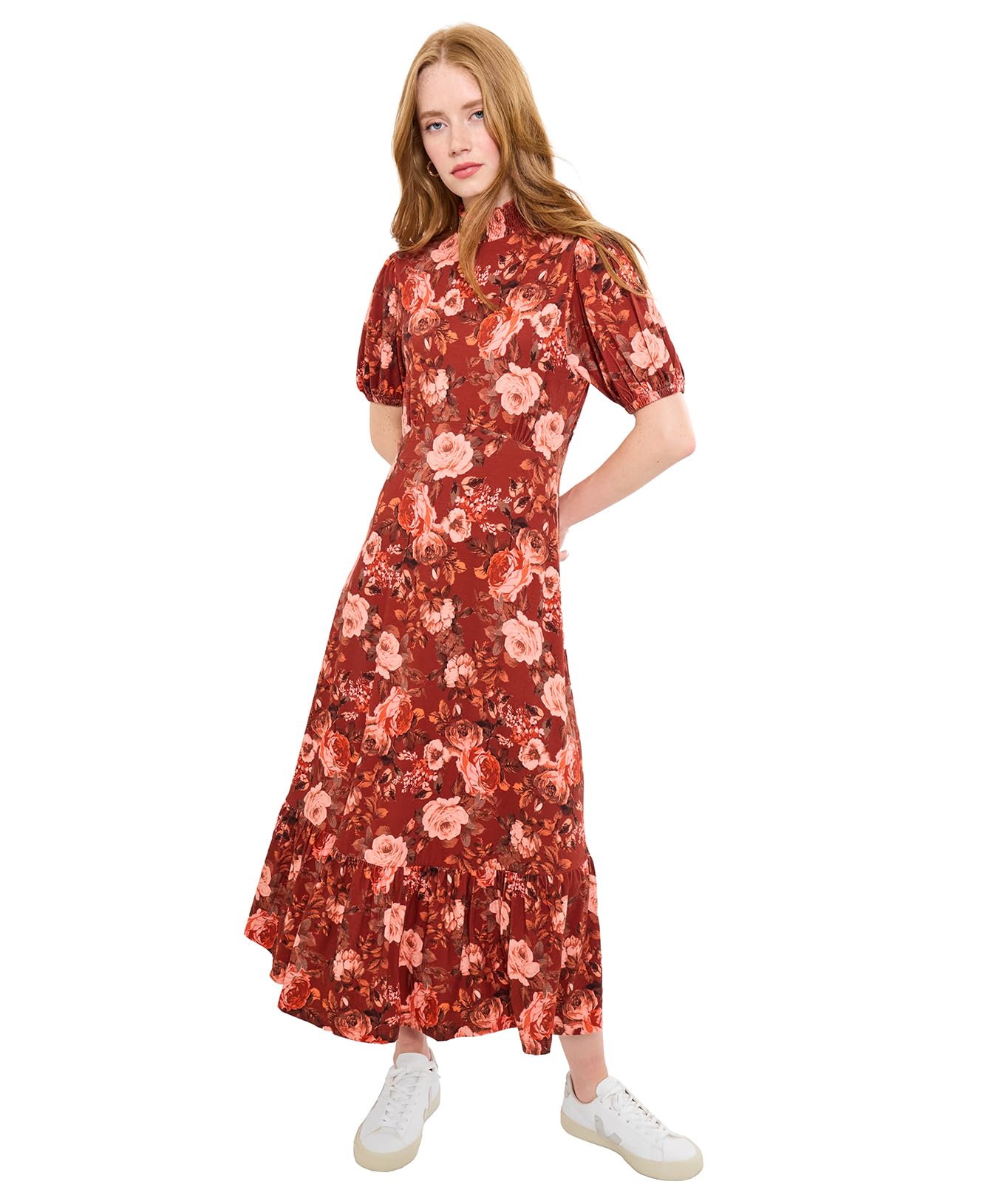 Joe Browns Women's Brown Joe S Oversized Autumnal Floral Vintage Puff Sleeve High-Neck Jersey Midi Dress, Regular, Uk 12
