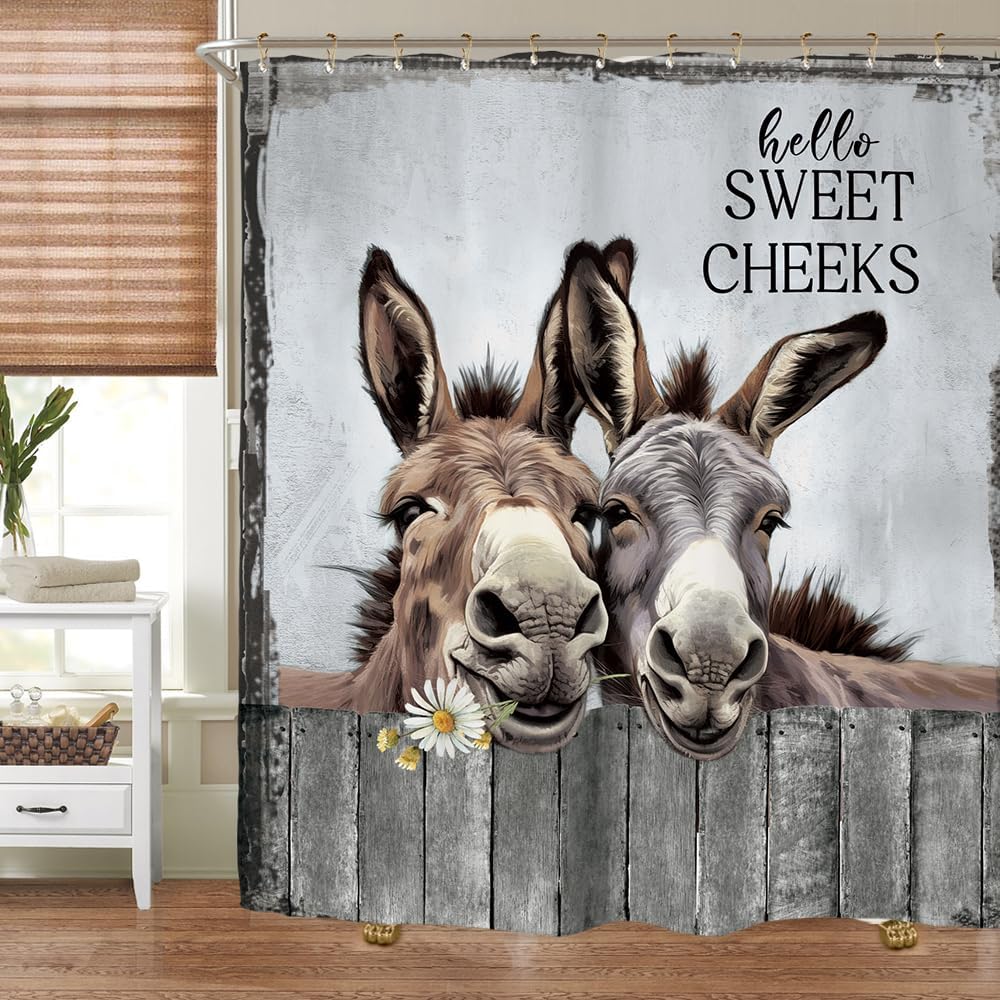 Miyotaa Donkey Funny Farmhouse Rustic Shower Curtain Set 60Wx71H Inches Sweet Cheeks Country Rural Animal Western Polyester Waterproof Cloth Bathroom Curtain with 12 Hooks
