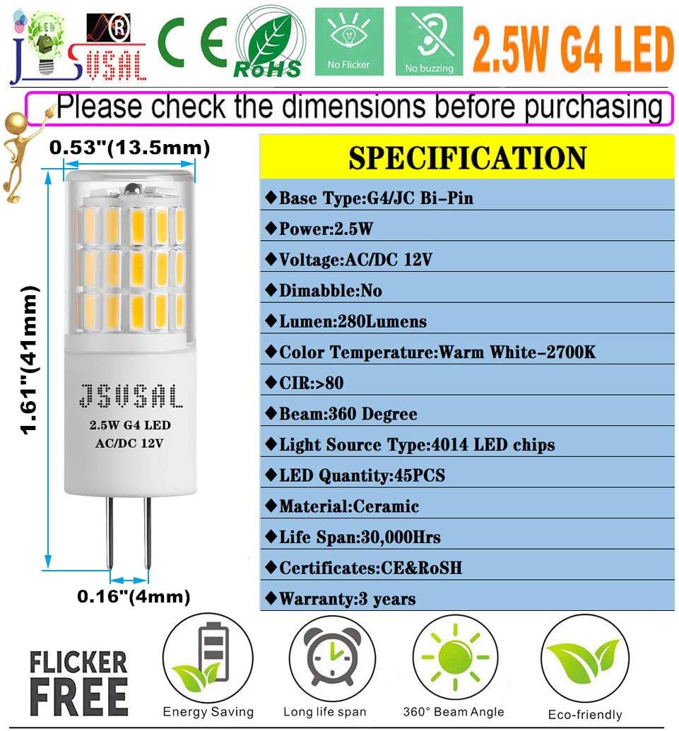 G4 LED Bulb 2.5W 2700K Warm White Bi-pin T3 JC Type 12V AC/DC, 20W Halogen Equivalent for Outdoor Landscape Lighting Deck Stair Step Path Lights, Non-dimmable,280LM,Pack of 4