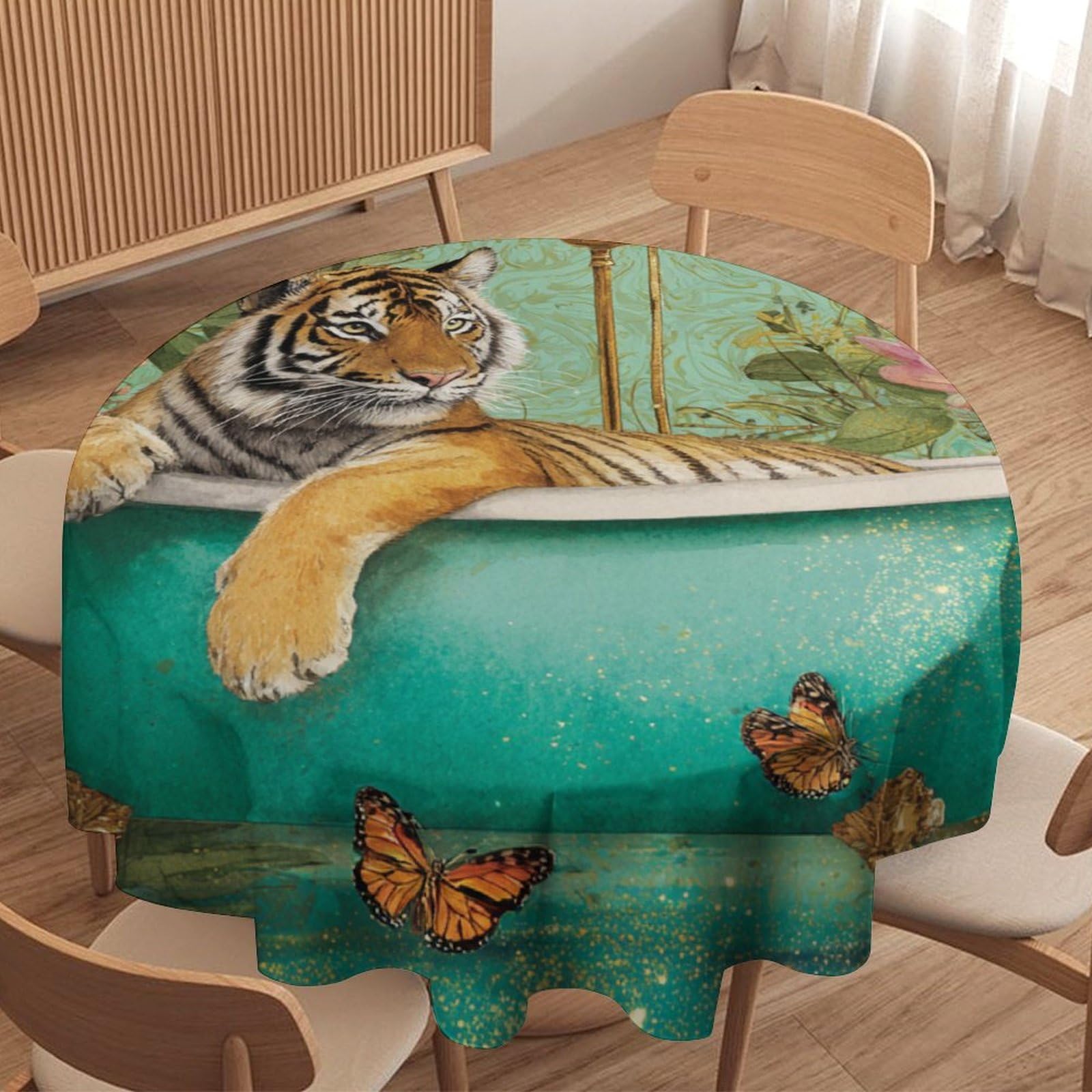 LUYYSKY Cool Fantasy Tiger Round Tablecloth Retro Oil Painting Bathroom Art Animals Tigers Butterflies Print Washable Decor for Table Cover for Kitchen-91.4" Wx91.4 L cm