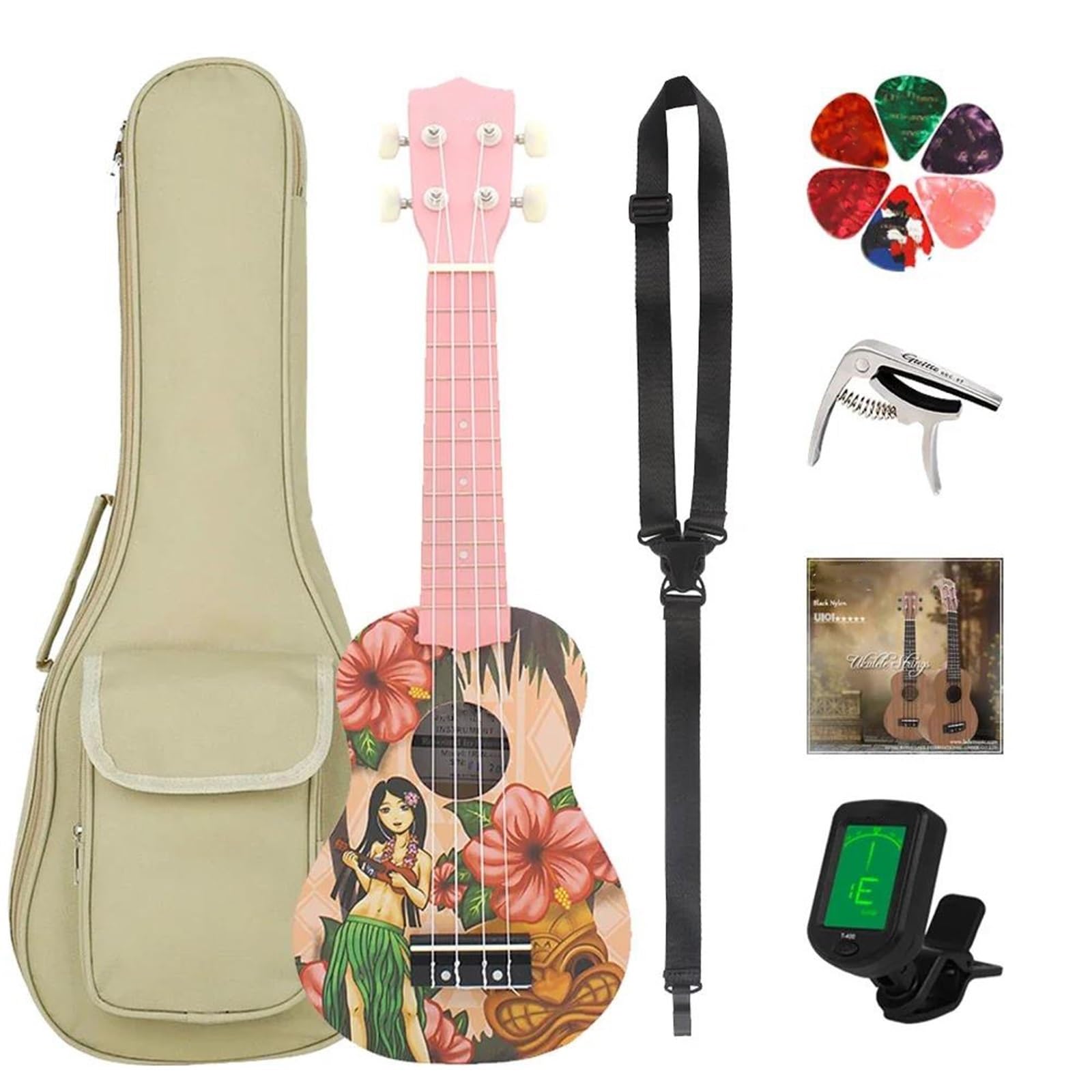 21 Zoll Ukulele 4 Saiten Hawaii-Gitarre Rosa Mini Guitarra Ukulele mit Saiten Stimmgerät Tasche Gitarrenteile Ukulele Set
