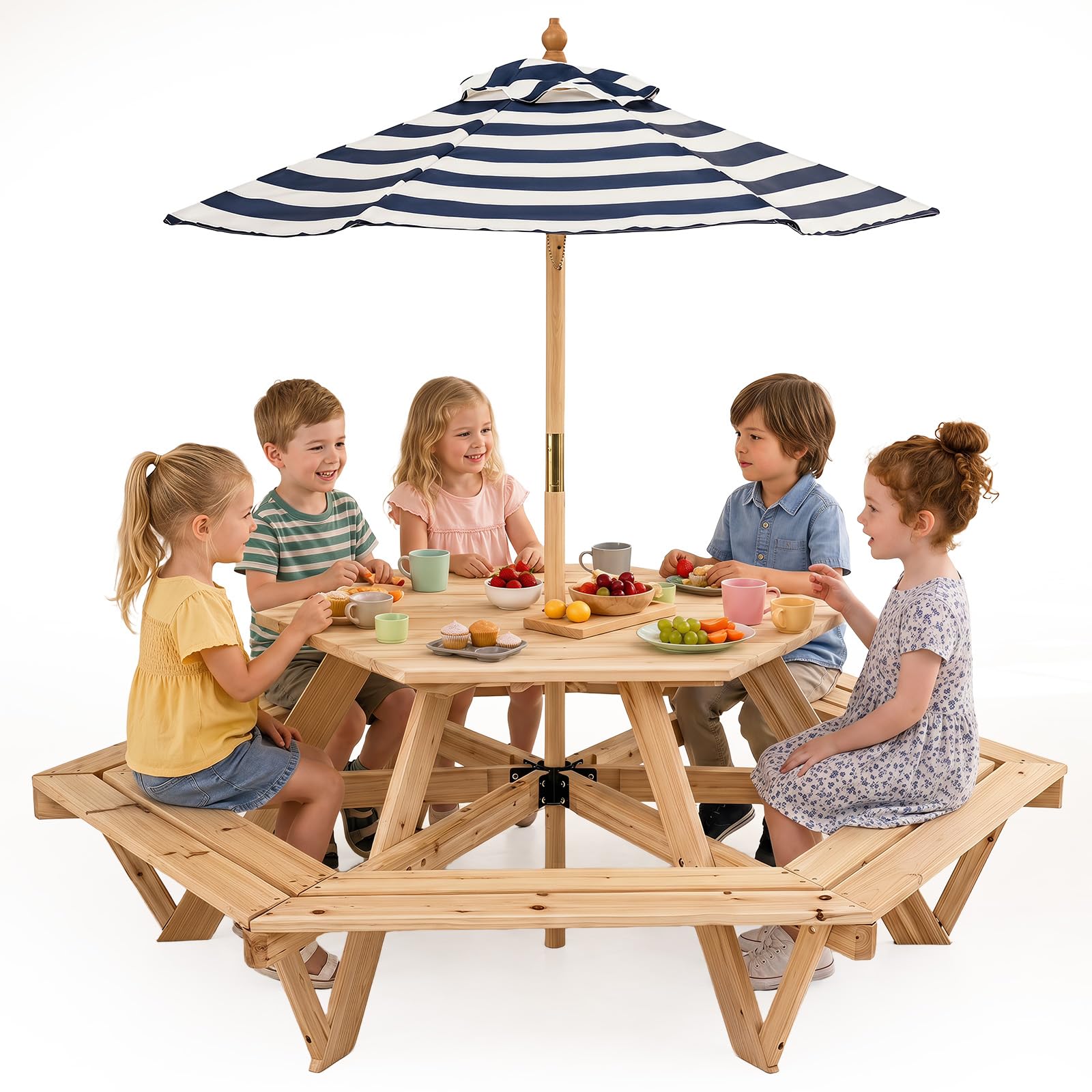 GOPLUS Table Pique Nique Enfant Bois 6 Bancs avec Parasol Amovible Réglable