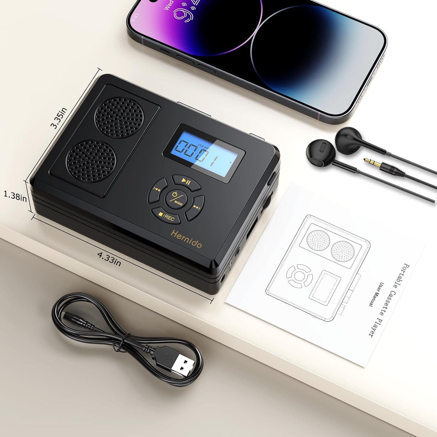 Portable Cassette Tape Player, FM Radio/USB Player/MP3 Digital Converter, Built-in Dual Stereo Speaker & Rechargeable Battery, LCD Display with Headphone Jack