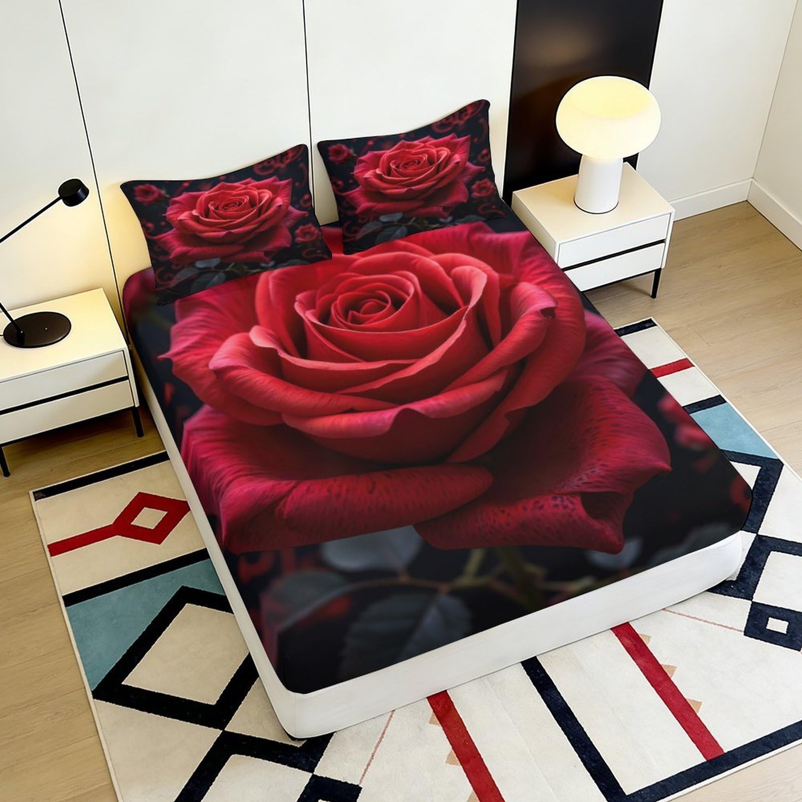 Lenzuolo con angoli con stampa 3D di rose, in microfibra, antiscivolo, decorazione per la casa | morbido, protezione per materasso, facile da pulire, per tutto l'anno, traspirante, lavabile, 160 x 200 x 25 cm