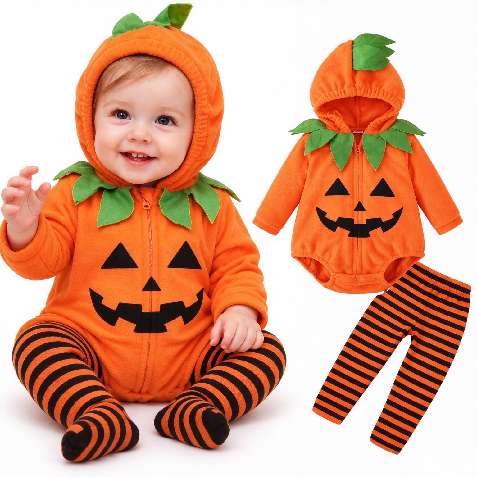 Baby Pumpkin Halloween Costumes, Cute Toddler Halloween Cosplay Outfits, Long Sleeve Hooded Zipper Design Romper Striped Pant Sets, Party Performance