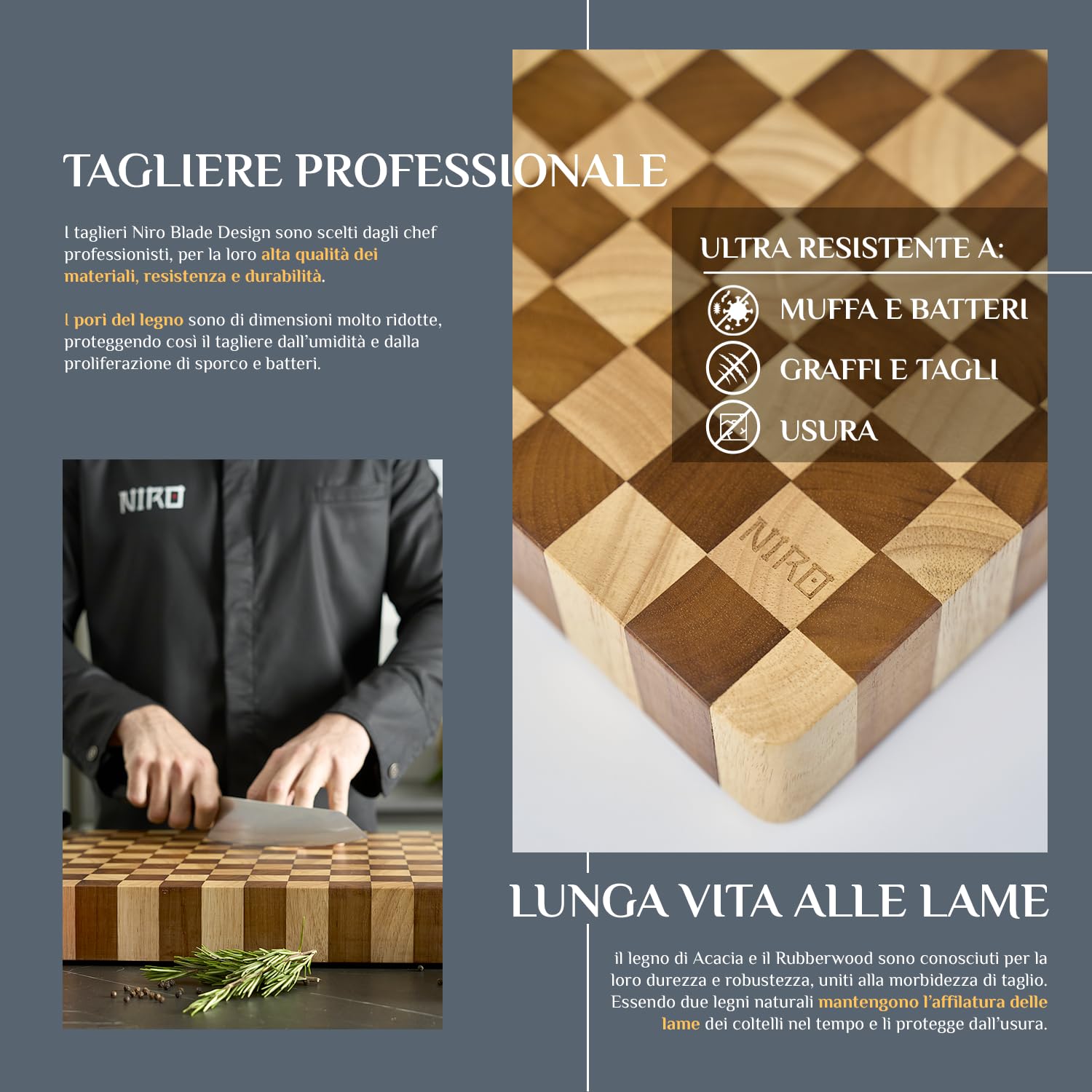 NIRO Tagliere da Cucina Professionale XXL, SPESSORE 4 CM in Legno 100% Pará Naturale Rubberwood, Dimensioni 40 x 30 x 4 cm, Atossico, Legno Massello Pregiato, Vassoio da Portata, Design Unico