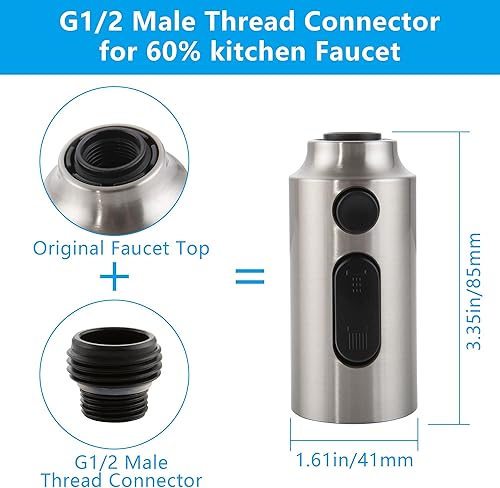 Miniatura 5 de DOLGABA Cabezal de rociador de repuesto para grifo de cocina, 3 modos, cabezal rociador extraíble con 9 adaptadores, níquel cepillado