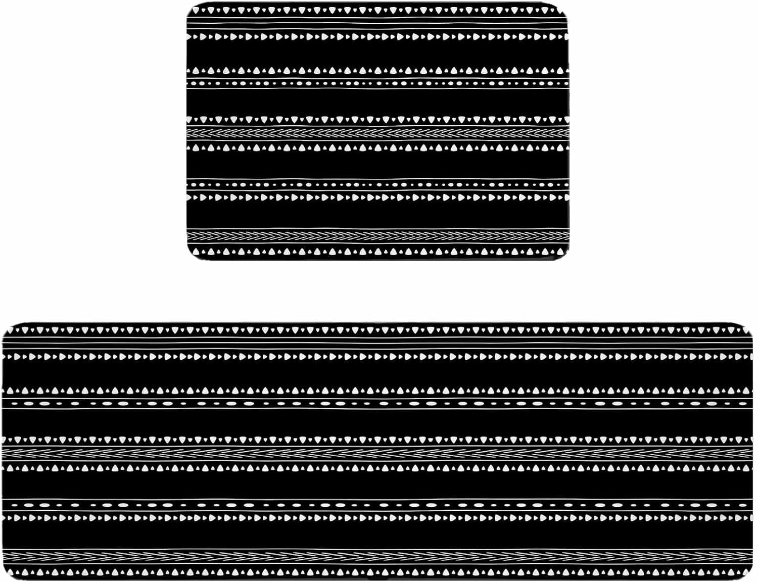 Black Boho Geometric Kitchen Rugs and Mats Set of 2, Non-Slip Kitchen Sink Mat, Abstract Art Dots Striped Washable Doormat Bathroom Rugs Runner for Bedroom/Living Room 19.7"x31.5"+19.7"x63"