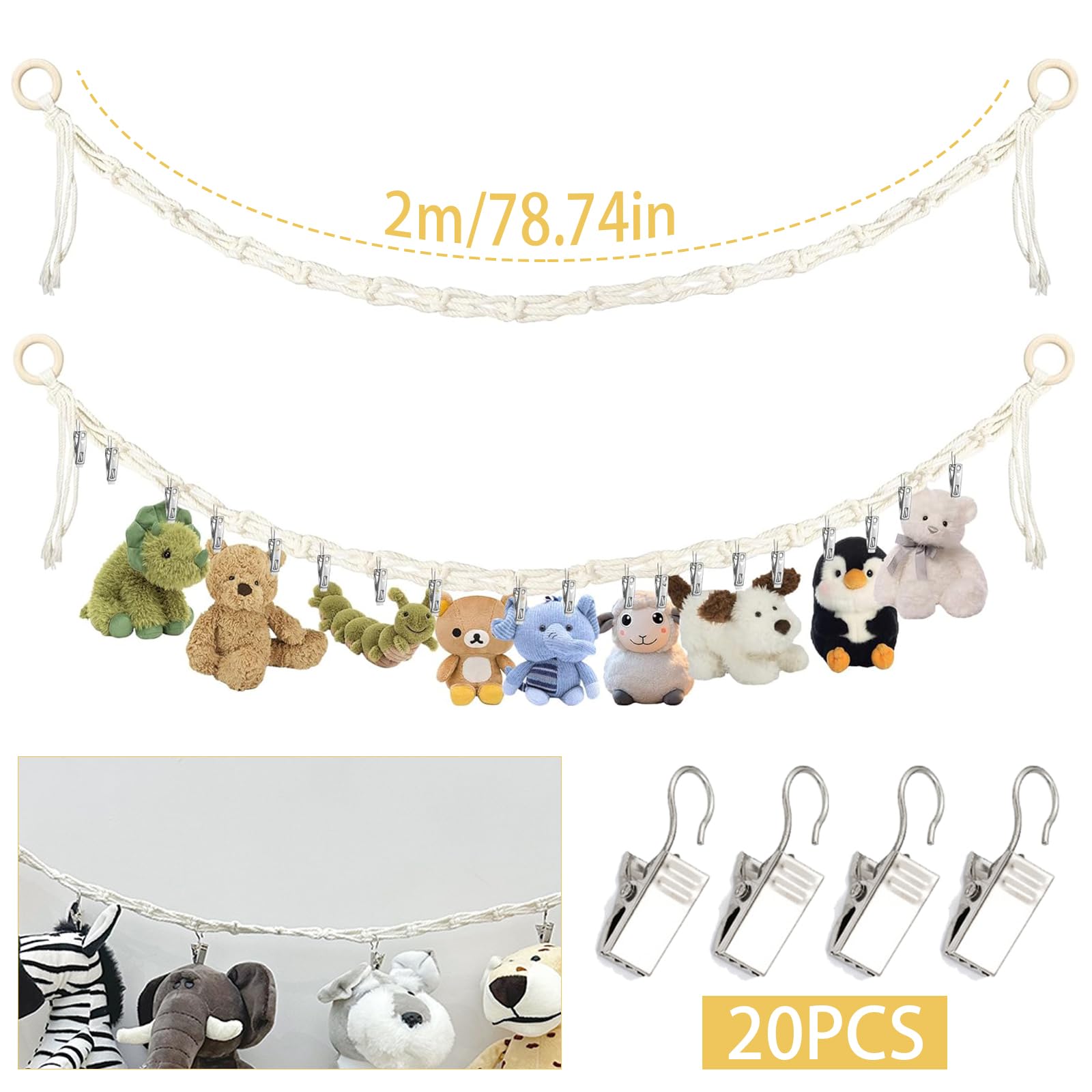 2 sztuki do przechowywania pluszaków, z 20 metalowymi haczykami, siatka do przytulanek w stylu boho, siatka do przytulanek, biała, do przechowywania pluszowych lalek i wieszania zdjęć