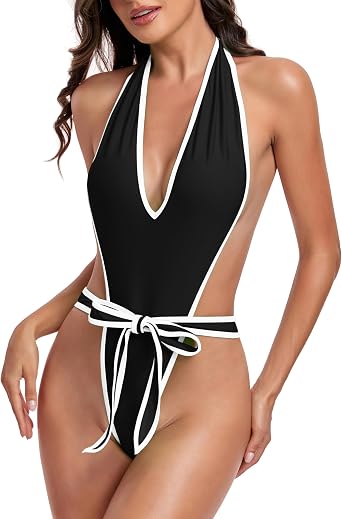 SHERRYLO One Piece Swimsuit for Women Plunging Monokini Thong Bathing Suit