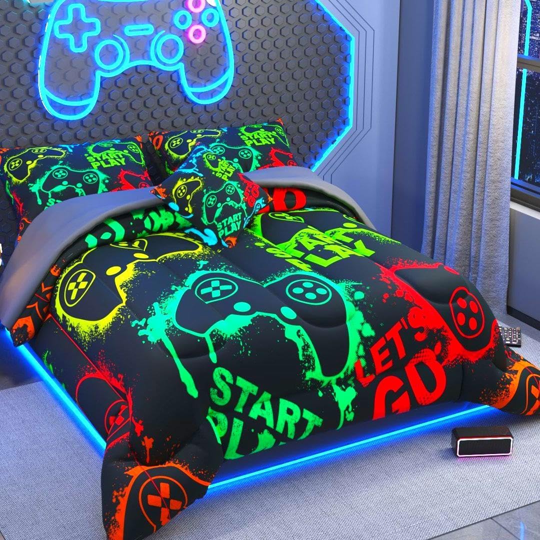 6 Pieces Gamer Comforter Set,Green Yellow Red Black Colorful 3D Pattern for Kids Teens Adults, Bedding Sets with Comforter,Flat Sheet,Fitted Sheet,Throw Pillow Cover,Pillow Shams,Twin Size