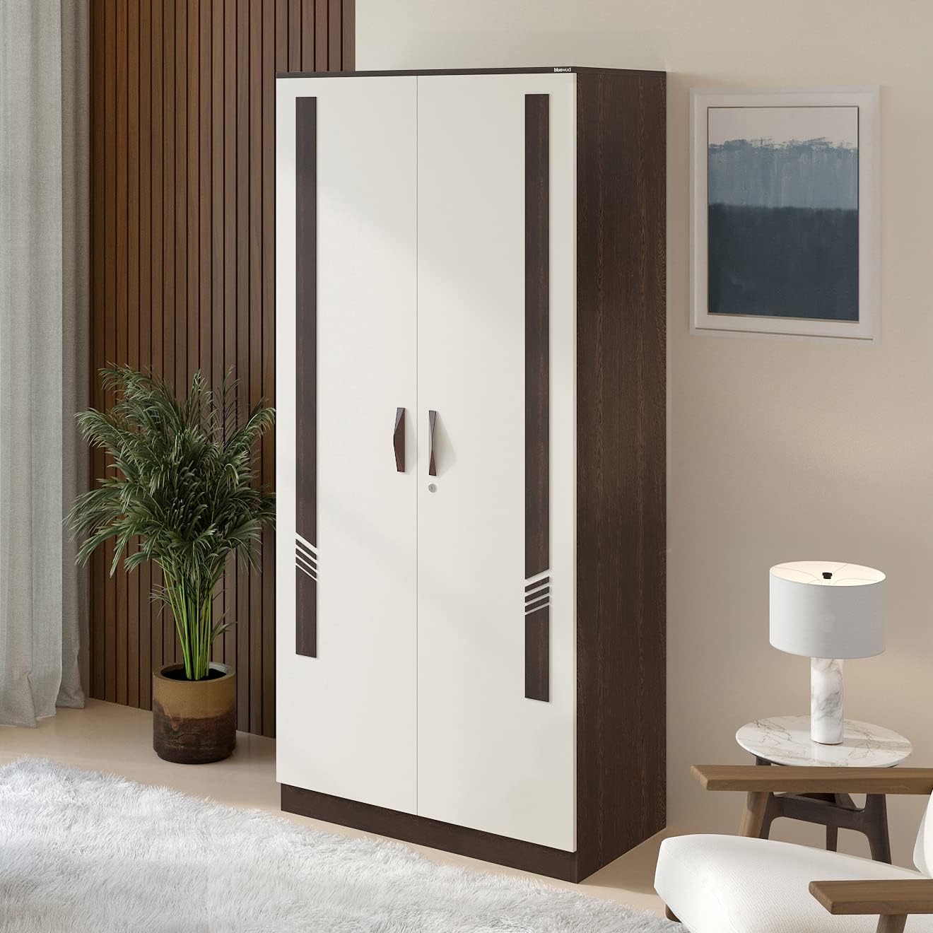 BLUEWUD Andrie Engineered Wood 2 Door Wardrobe/Clothes Storage Rack Organizer Almirah Cupboard, 6 Shelves & 1 Drawer with Lock for Bedroom Home Furniture (Wenge & White)