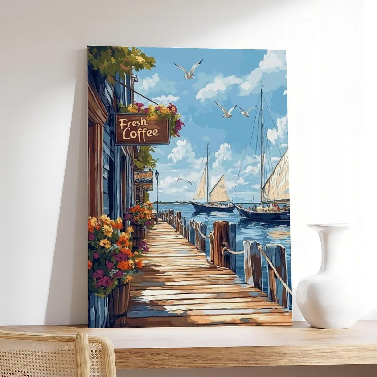 Newport Harbor Boardwalk Coffee Shop, Segelboot und Hummershack, Leinwand-Poster, Schlafzimmer, Dekoration, Landschaft, Büro, Raumdekoration, Geschenk, 61 x 91,4 cm (L x B)