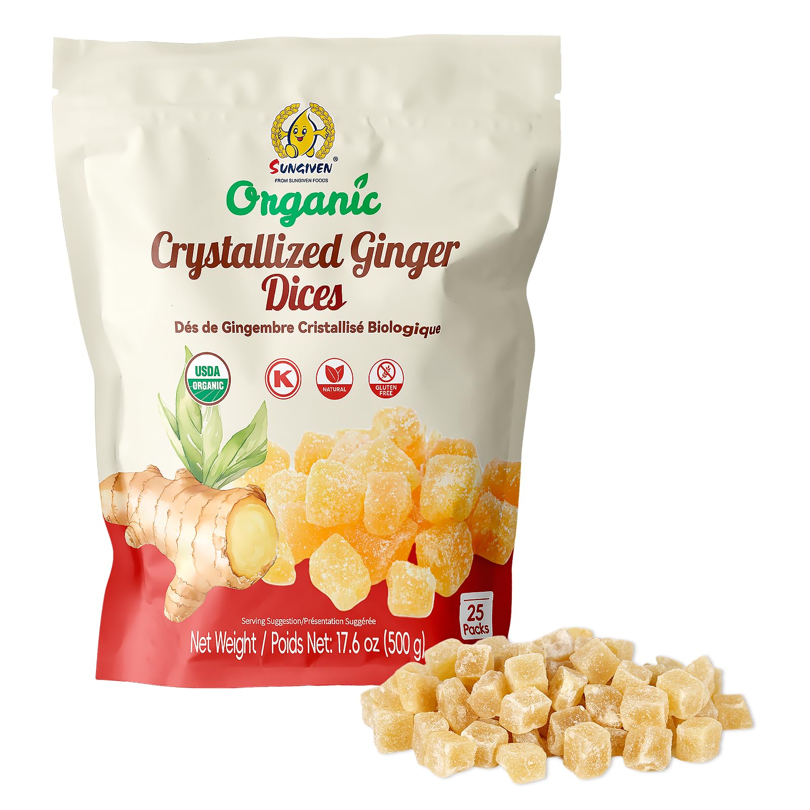 SUNGIVEN Organic Crystallized Ginger Dices Candy, Low-Sodium, Preservative-Free, Non-GMO, Individually Wrapped Healthy Candy 17.62 Oz