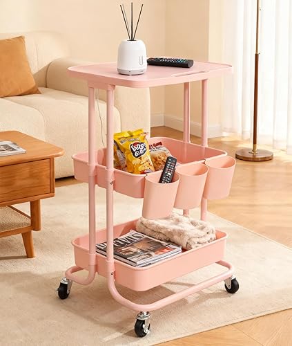 Miniatura 10 de Carrito de cocina de almacenamiento de 3 niveles con mesa, marco de metal blanco con cestas de plástico, carrito móvil funcional con ruedas,