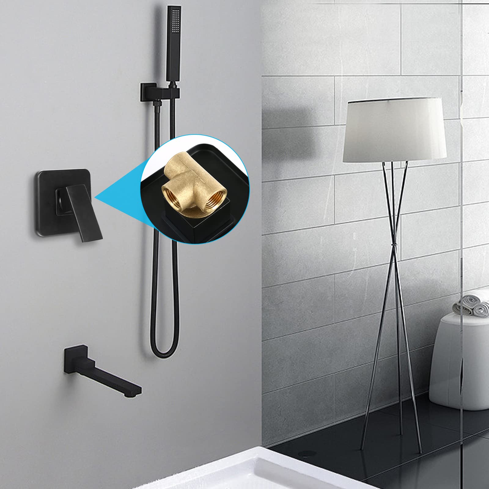 Grifo de ducha empotrado, juego de montaje en pared para ducha, grifo de baño empotrado, juego de montaje completo, llave de mezclador empotrado para ducha (Negro)