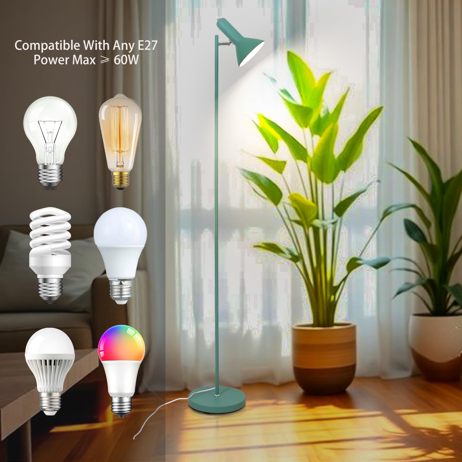 Lampada E27 per piante da interni, lampada da terra con supporto, 1 luce max. 60 W (senza lampadina), lampada da terra in metallo, angolo regolabile con interruttore, per divano, soggiorno, ufficio