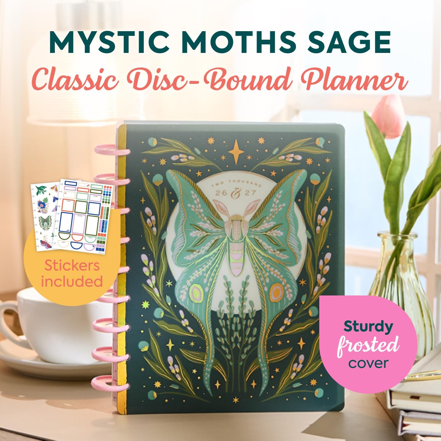 Happy Planner Disc-Bound Planner July 2026–June 2027, Includes 3 Extra Months and 2 Sticker Sheets, Classic Size, 7" x 9.25", Horizontal Layout, Mystic Moths Sage