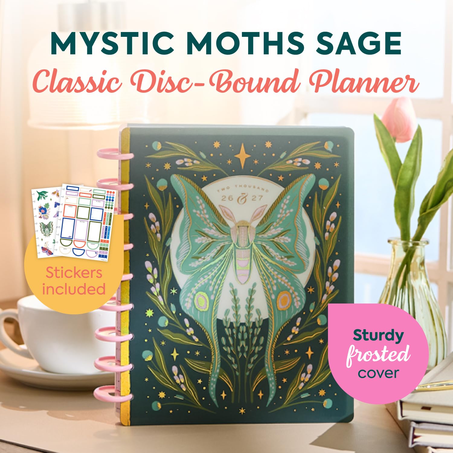 The Happy Planner Mystic Moths Sage Classic - Agenda de 12 meses con fecha de disco