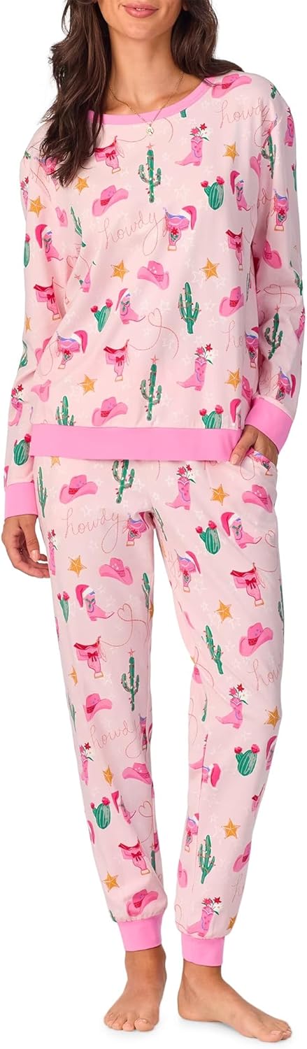 Long Sleeve Pullover Crew & Jogger Stretch Jersey Pajama Set - Christmas Cowgirl