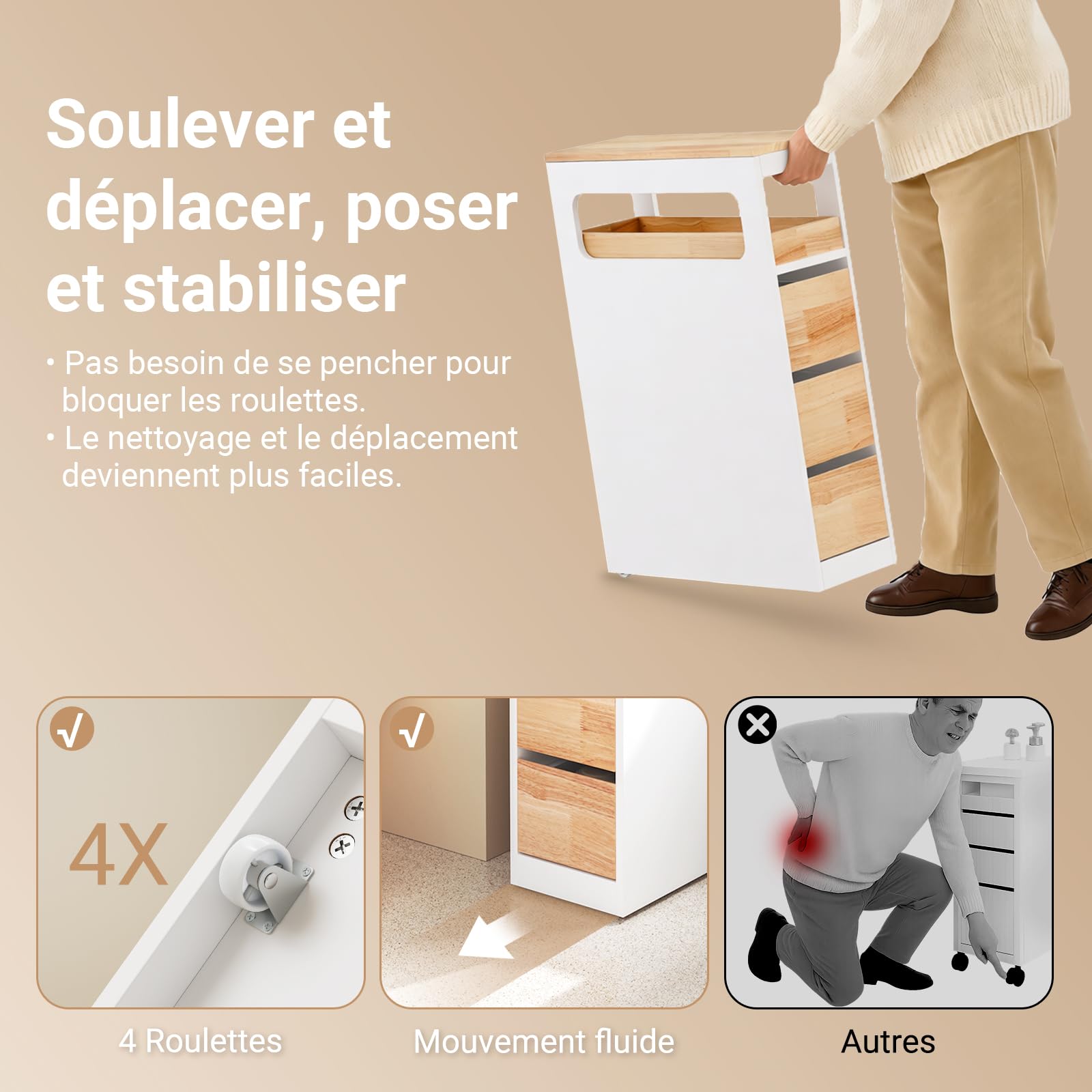 SoBuy Meuble Salle de Bain Rangement - Petit Meuble Toilette Colonne Étroite à Roulettes, 3 Tiroirs avec Plateau en Hévéa Gain de Place pour WC et Cuisine Blanc et Couleur Bois 65x23x82cm BZR54-III-WN