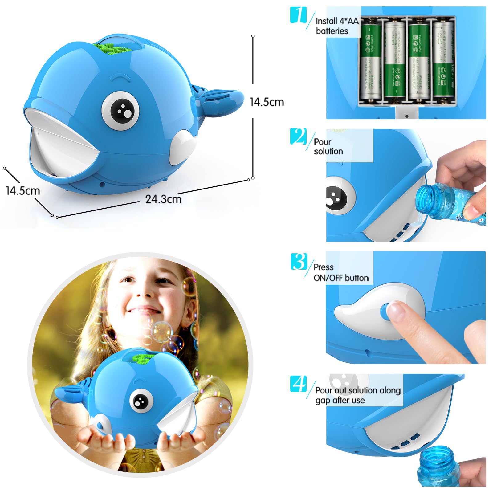 Mieryd - Máquina automática de burbujas para niños con 2 botellas de líquido para verano, juguete para niños y niñas, regalo de cumpleaños, fiesta, boda