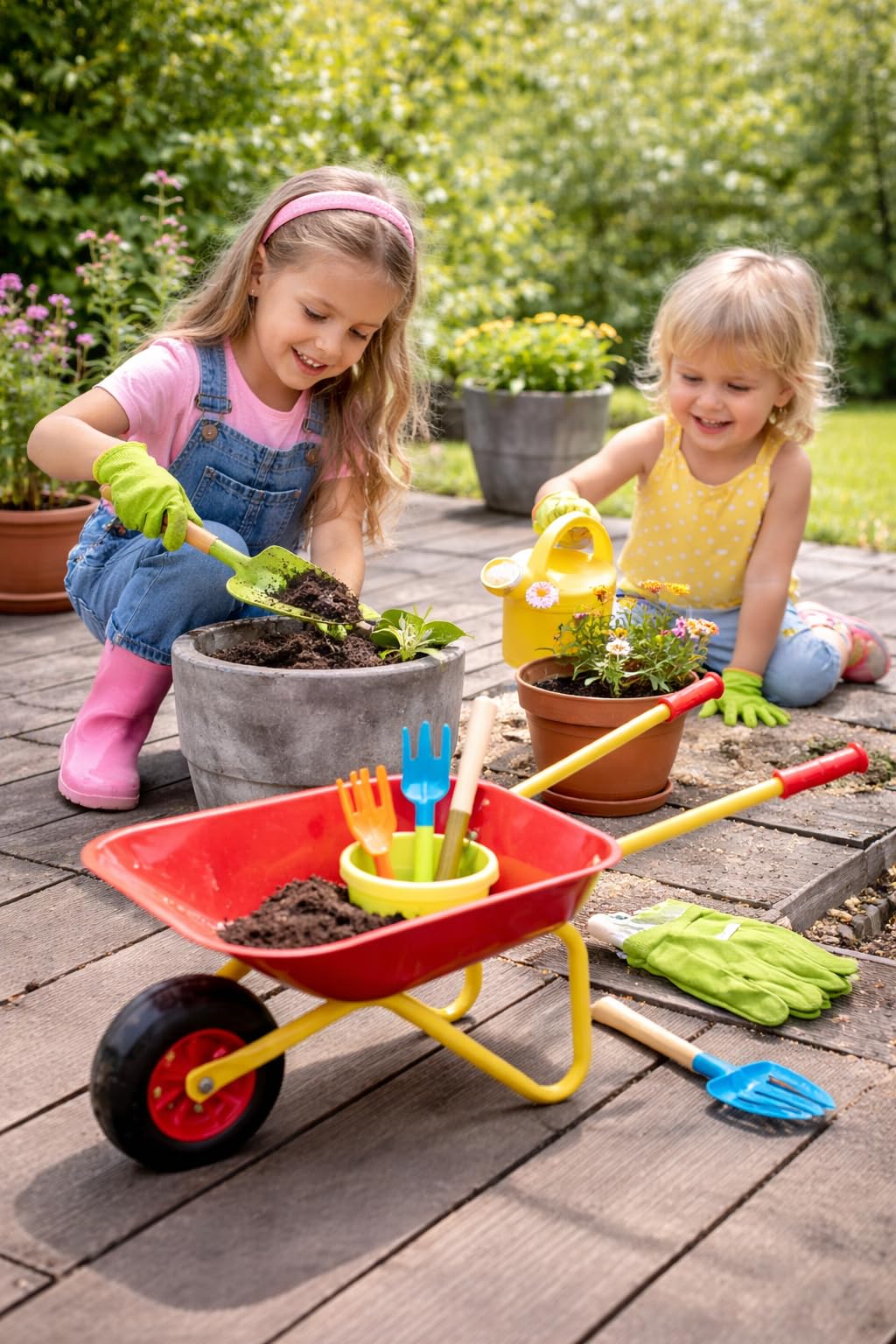 Kinder Schubkarren Set 7-Teile Metall & Holz Gartenspielzeug mit Schubkarre, Schaufel, Harke, Forke, Gießkanne & Handschuh stabile Spiel-Schubkarre rot/gelb Outdoor Spielzeug für Kinder ab 3 Jahren
