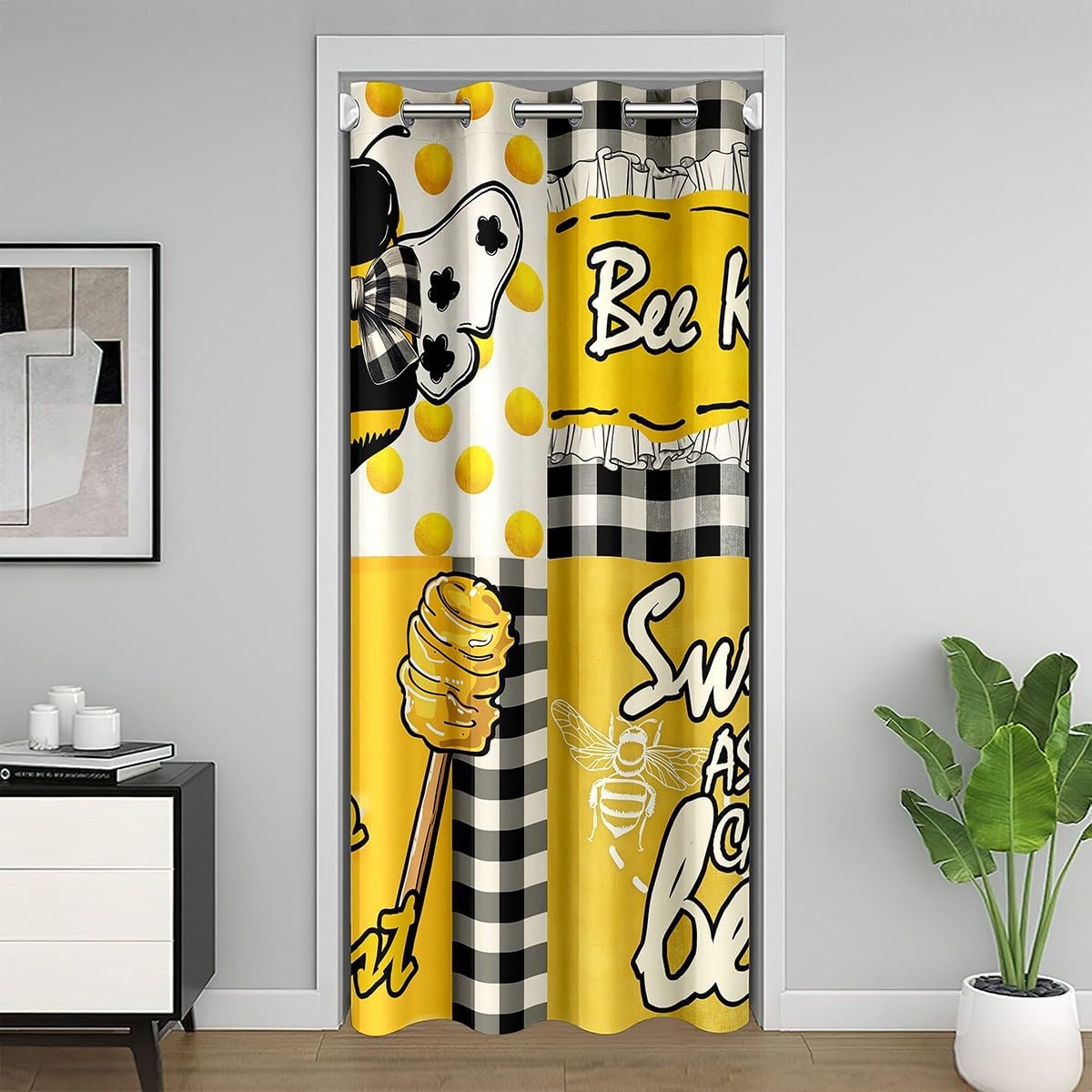 Honey Bee Door Cover Curtain, Cartoon Garden Animal Cute Bow Doorway Curtain for Living Room Decor, Yellow Beige Geometric Plaids Polka Dots Patchwork 80"×52" Door Drape for Kids Adults