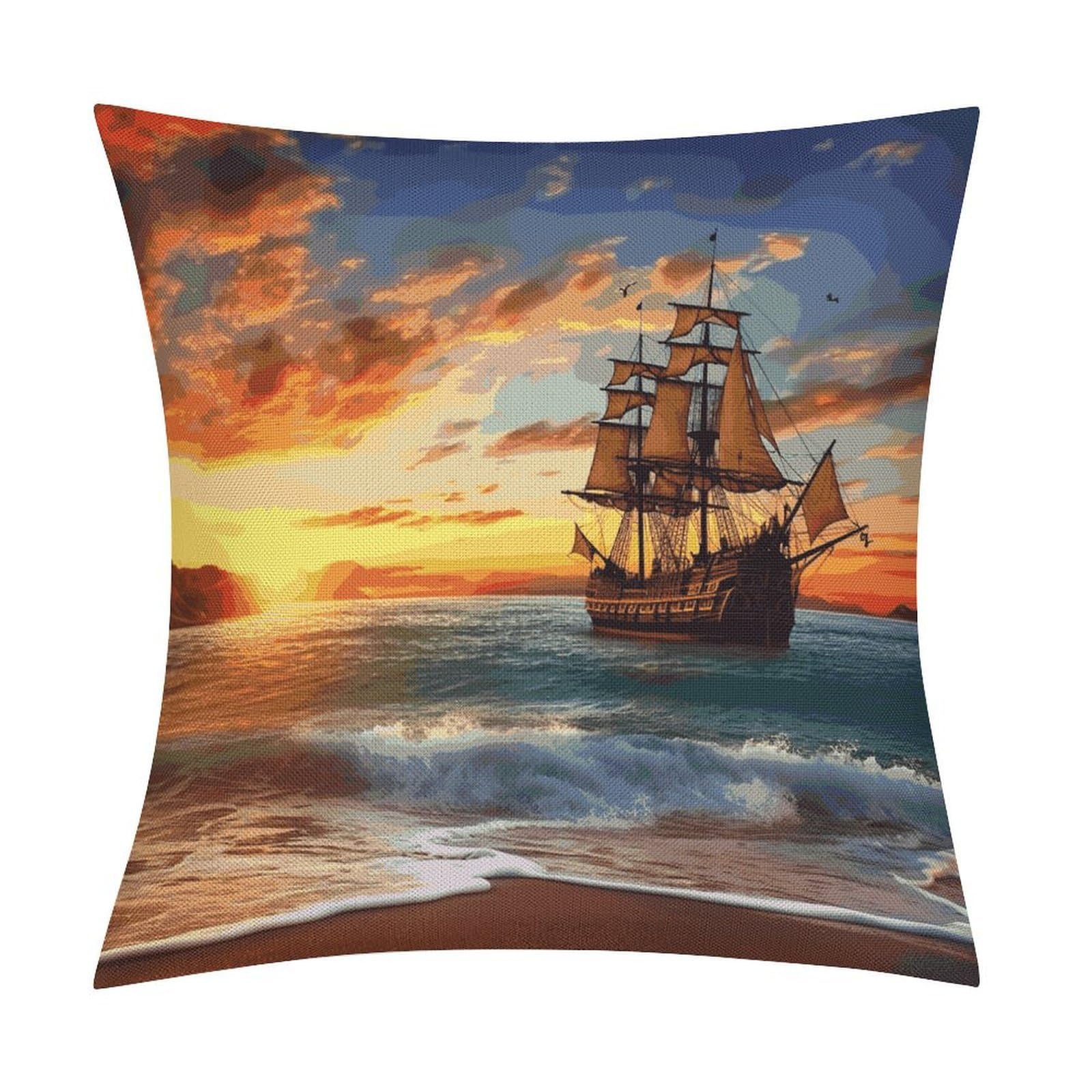 JTREHY Pirate Ship in The Sunset Throw Pillow Covers Farmhouse Pillow Cover Standard Pillow Shams Decorative Square Pillowcases Soft Pillow Cases Wrinkle Fade Resistant for Couch Home 18x18 Inch