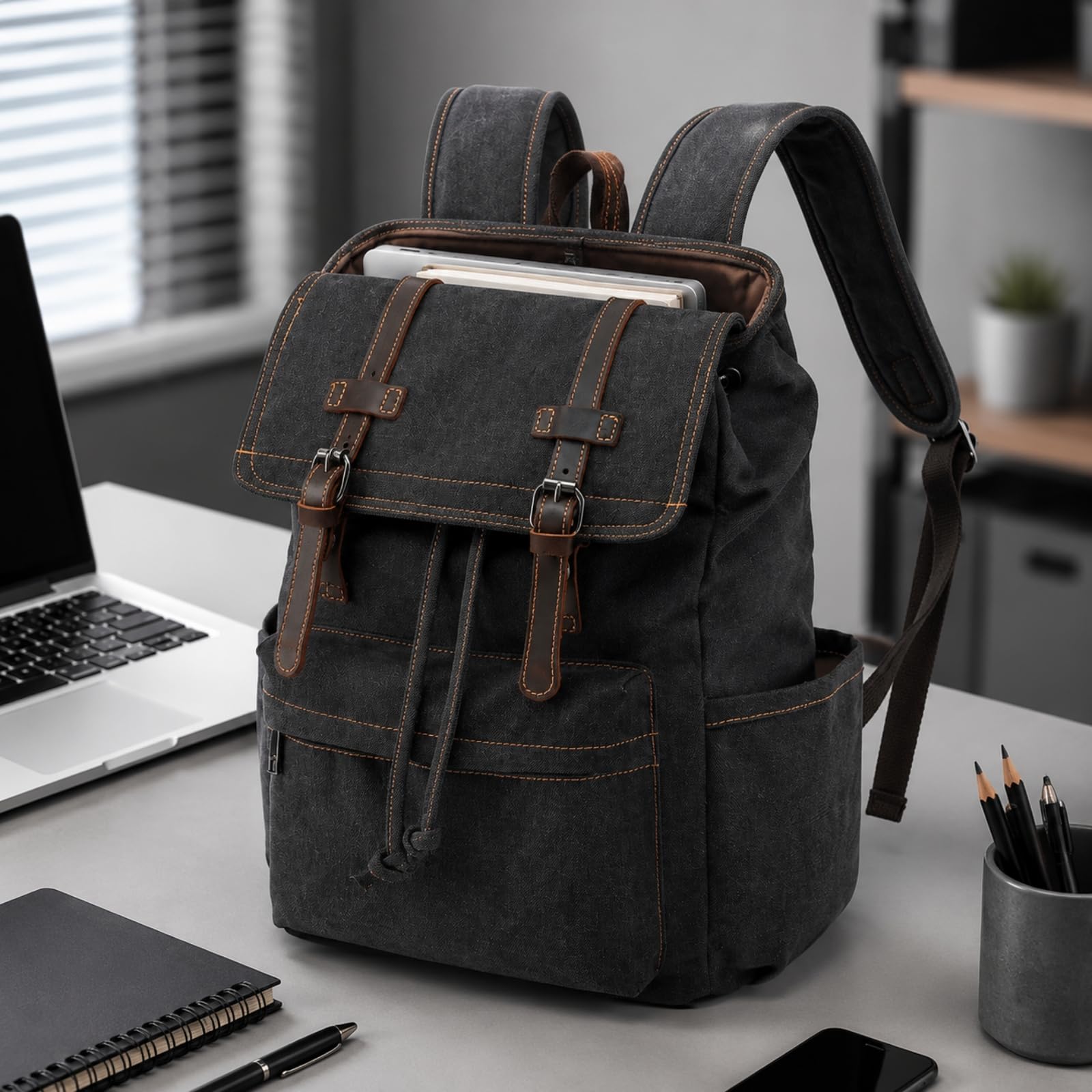 Zaino in Tela Multitasche Zaino con Fibbie Robusto per Studenti, Viaggiatori, Università, Marrone, Marrone Caffè