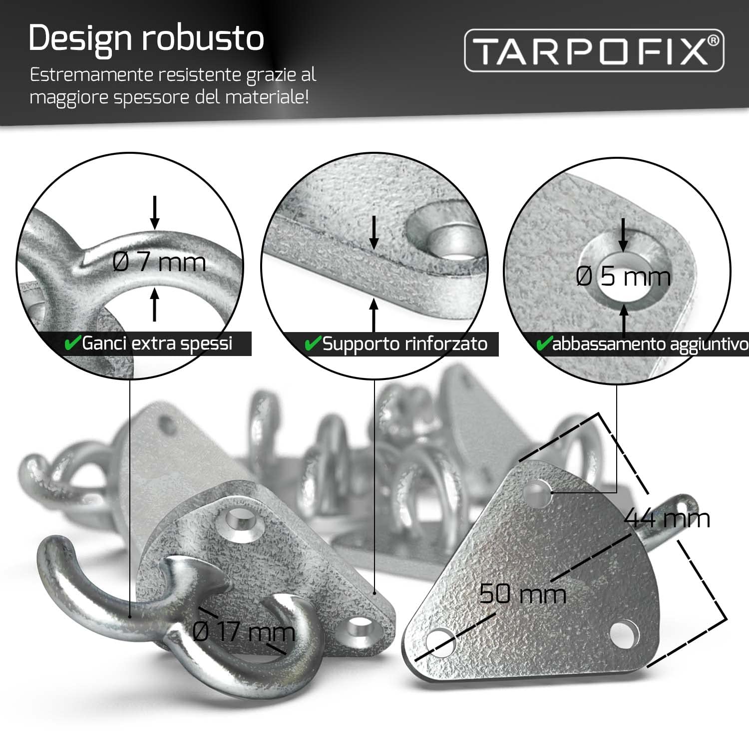 Tarpofix 10 ganci per telone a tre fori per telone di rimorchio e rete, resistenti ganci in ghisa zincata, resistenti per rimorchi e pareti di bordo