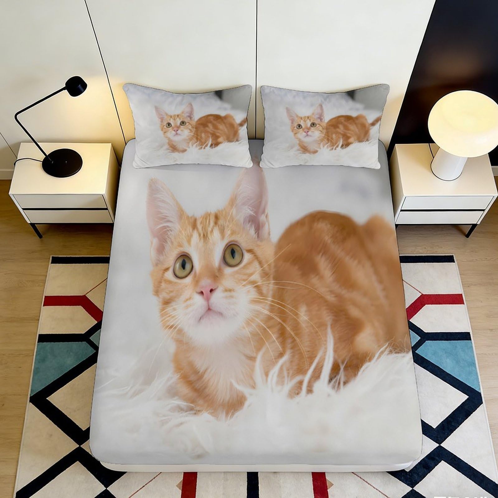 3D Printed Ginger Cat Fitted Sheet Microfiber Soft Breathable Tabby Kitten Mattress Cover for Bedroom Dorm Mattress Protection Decor 160x200x25cm