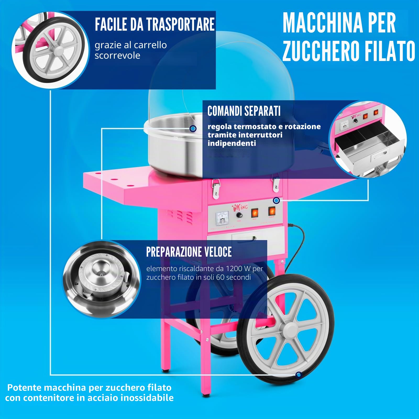 Royal Catering Macchina per zucchero in cotone con carrello, controllo termostato e rotazione, 1200 W, colore rosa, 52 cm