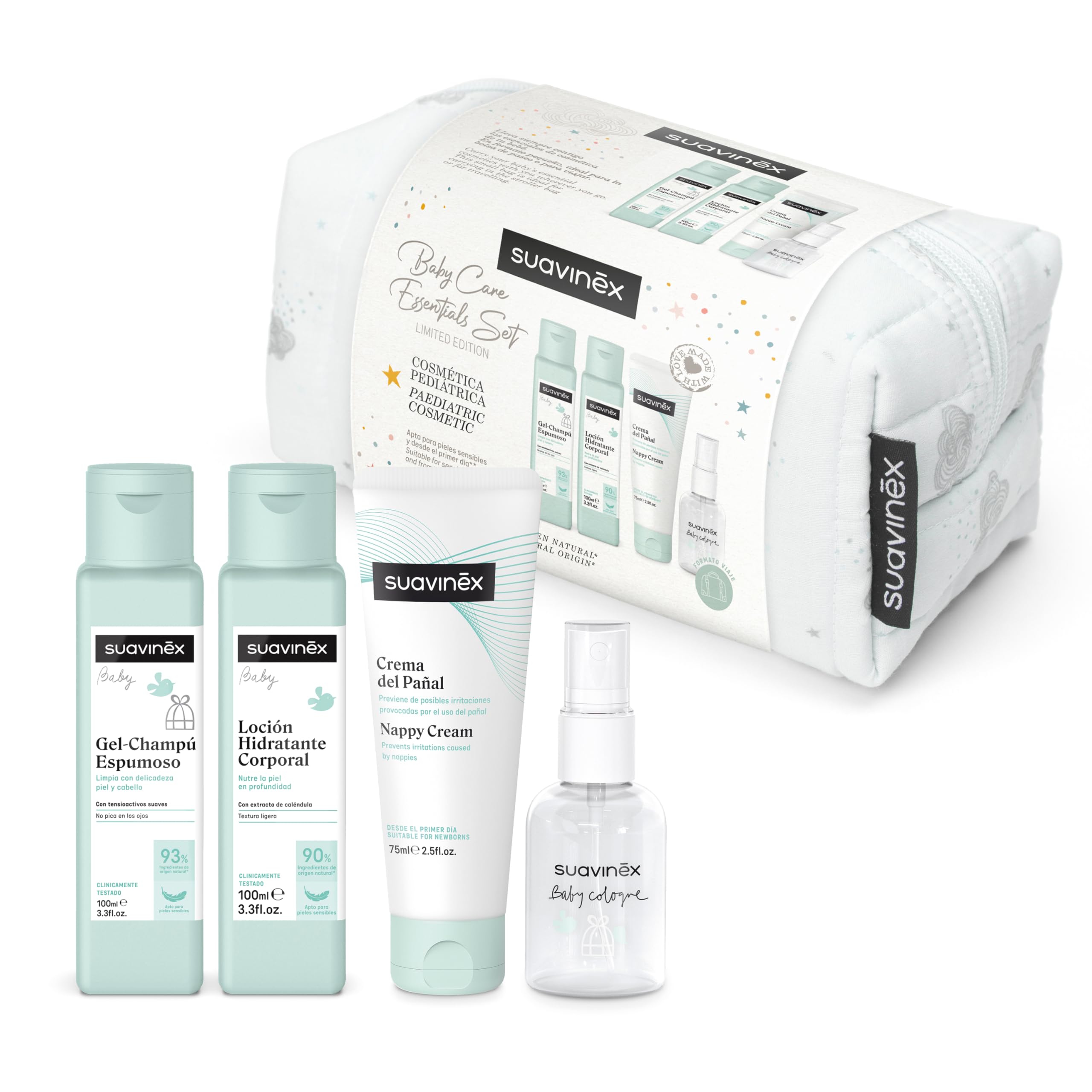 Suavinex, Neceser para Bebés de Tela, Set Regalo Bebé Recién Nacido con Cosmética: Gel Champú 100 ml + Loción Hidratante 100 ml + Crema Pañal 75 ml + Baby Cologne 50 ml. Formato Viaje. Azul Dreams