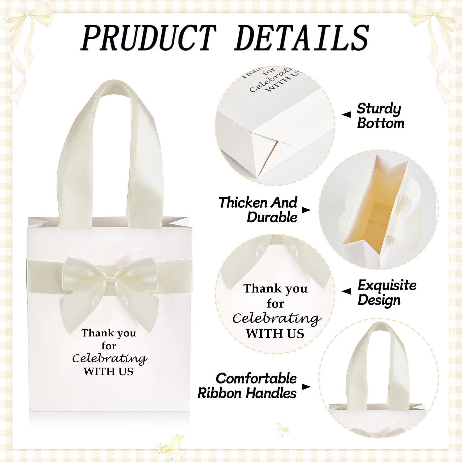 50 Pcs Wedding Gift Bags for Guests Bulk with Bow Ribbon Handles 6.2x7.2x2.5 Inch Wedding Favor Bag Thank You Gift Bags for Party Favor Bridesmaid Bags Bridal Shower Valentine Birthday Supplies(Beige)