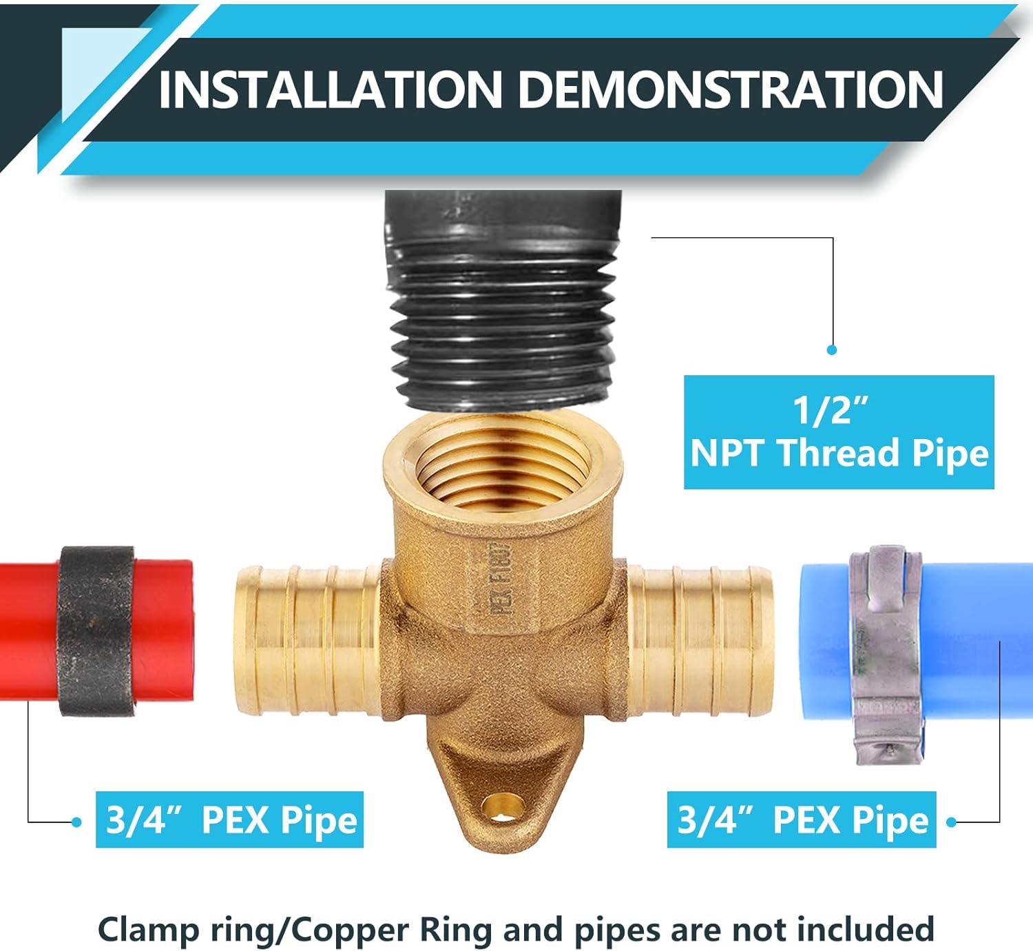 (10-Pack) PEX Fittings, 3/4" x 3/4" x 1/2" Female Threaded NPT Drop Ear Tee Adapter, Brass Crimp Fittings, for PEX Tubing Pipe Plumbing, ASTM F1807(PEX1807262-10Pack)