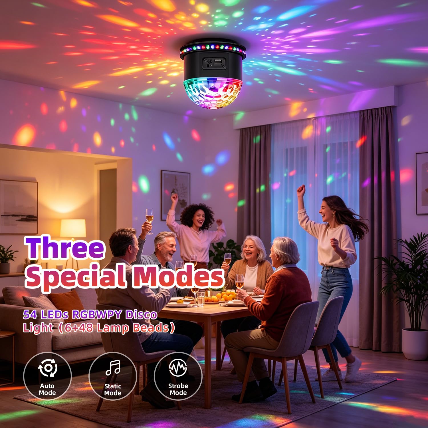 Luci Discoteca, Gomifie Palla da Discoteca 54 LEDs con Audio a Ritmo di Musica, Luce Discoteca con 3 Modalità Attivate dal Suono/Telecomando/Semovente per DJ, Casa, Natale, Bar e Festa