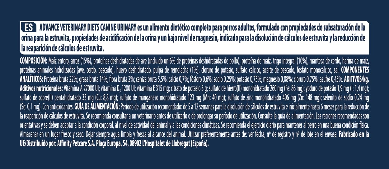 Advance Veterinary Diets Urinary, Pienso para Perros con Problemas en el tracto urinario, 12kg