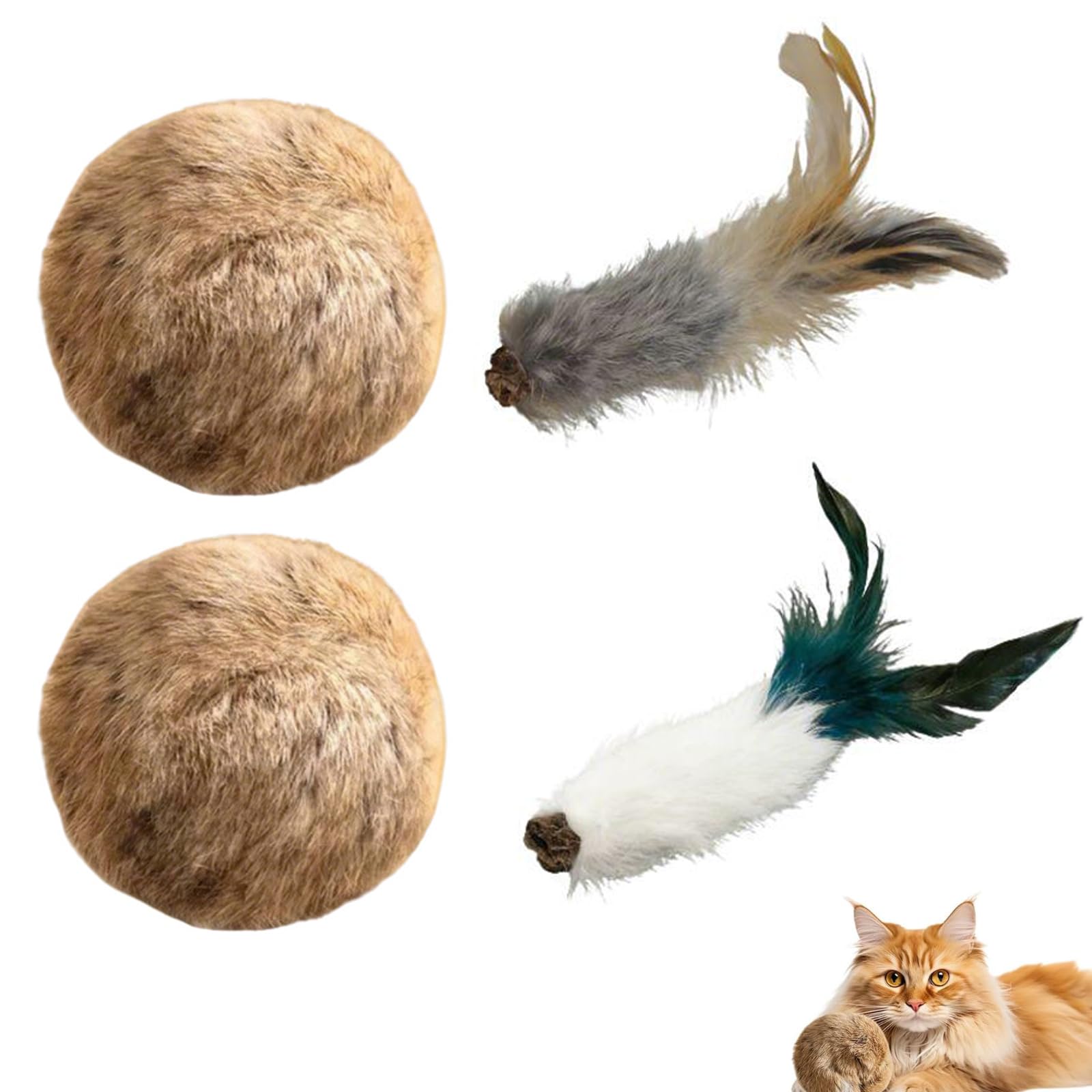 4 Pcs Rabbit Fur Cat Toys Set with Silvervine, Feather Interactive Balls