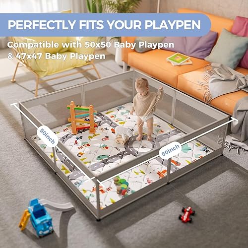 Miniatura 50 de Tapete de juego bohemio para bebé de 71 x 59 pulgadas, tapete grueso de una pieza para gatear, tapete antideslizante acolchado para bebé, tapete