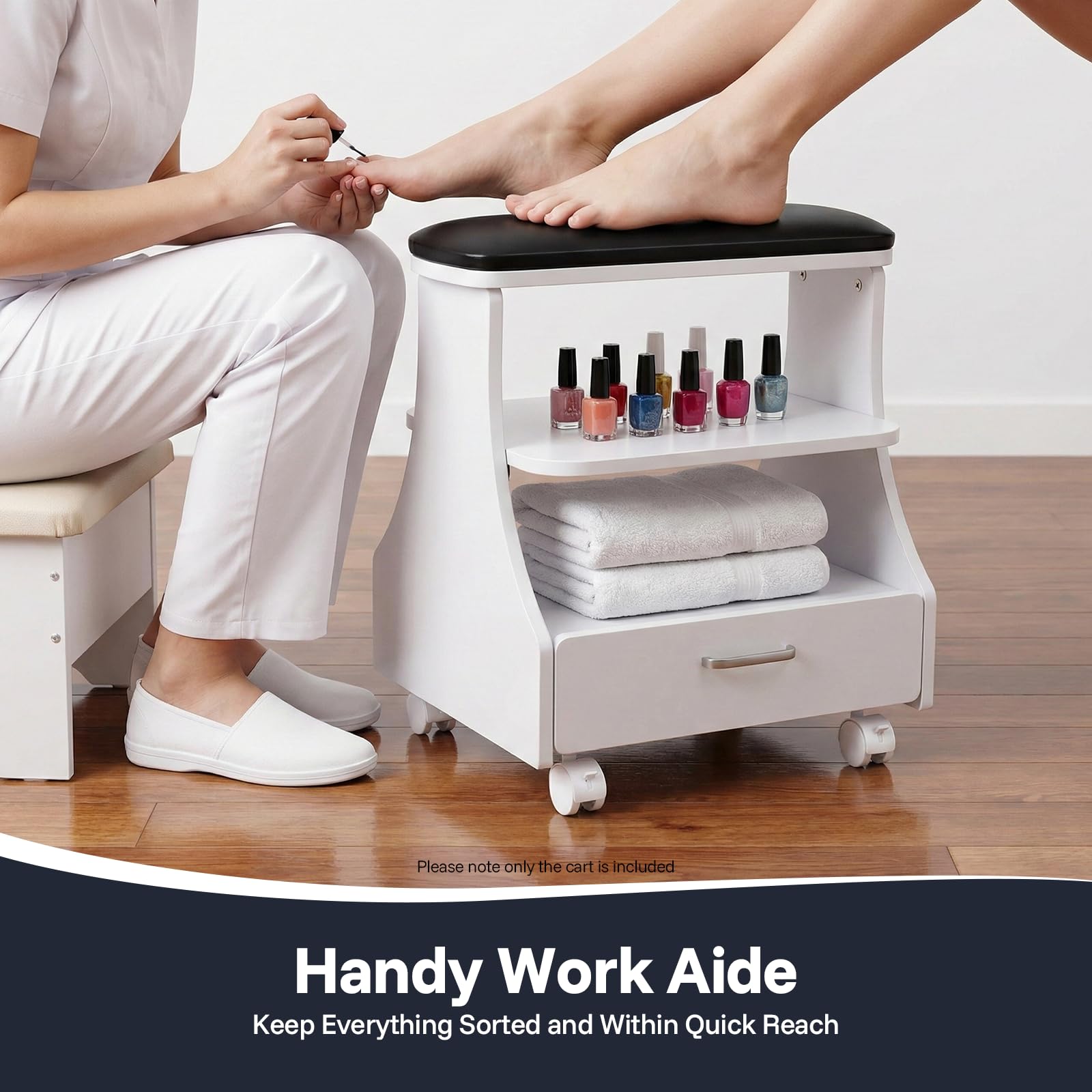 Chariot de manucure 3 niveaux portable avec tiroirs et 4 roulettes universelles, bain de pieds capacité 50 kg