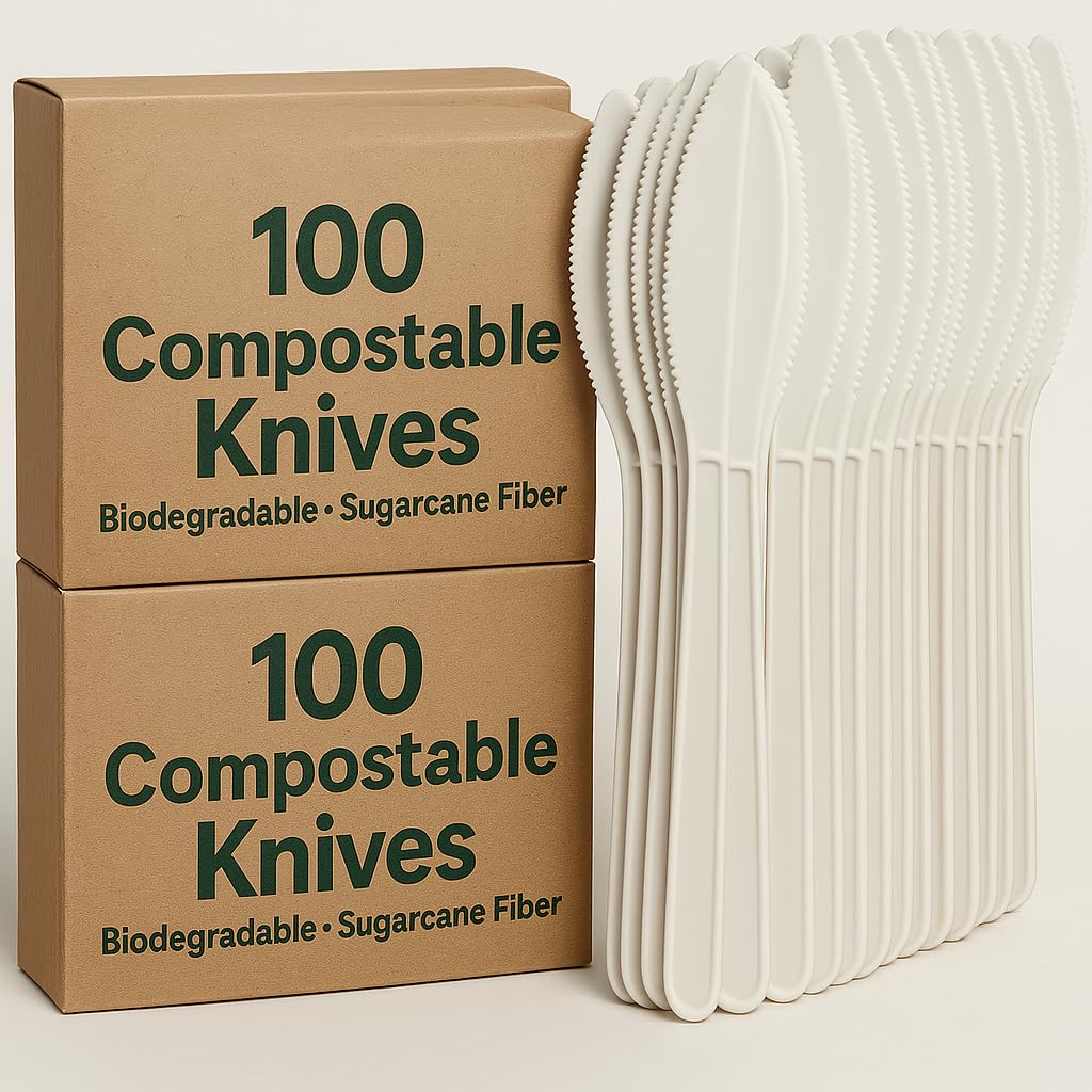 100 coltelli riutilizzabili biodegradabili e compostabili bianchi posate in fibra di zucchero 2 cf x 50 pezzi stoviglie bio Eco Friendly (100)