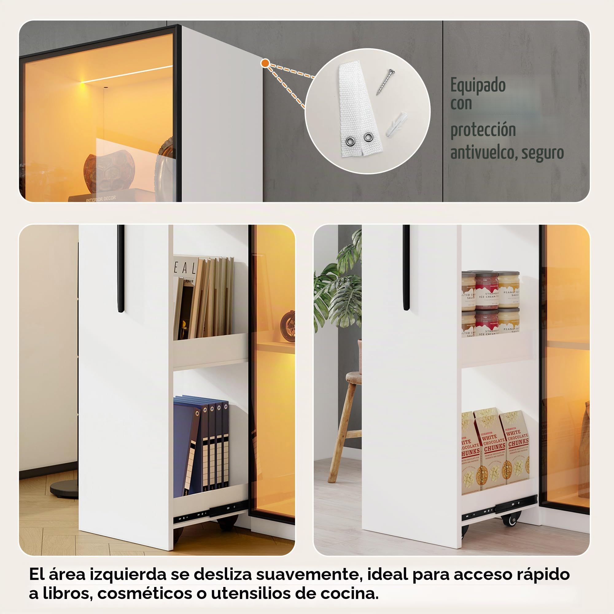 Soweiz Estantería y vitrina multifunción de 160 cm de alto con puertas de cristal templado, marco de puerta de aluminio, 1 puerta, 1 cajón lateral, con ruedas e iluminación LED