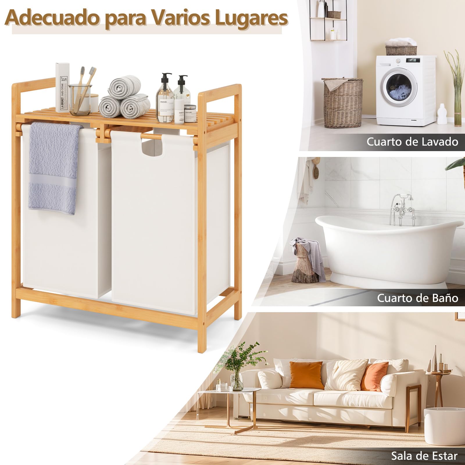 COSTWAY Cesta de la Ropa Sucia de Bambú con Doble Compartimiento, Cesta de 2 Secciones para Lavandería con Bolsas Removibles y Repisa Arriba, Organizadorde Colada Baño Salón Dormitorio (Blanco)